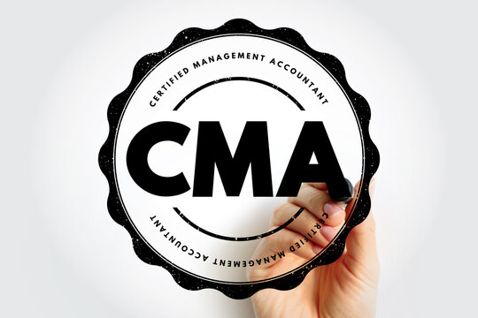CMA Certified Management Accountant stamp emblem with bold initials and a hand drawing the circular badge. Ideal for accounting, certification, finance training, and professional management visuals