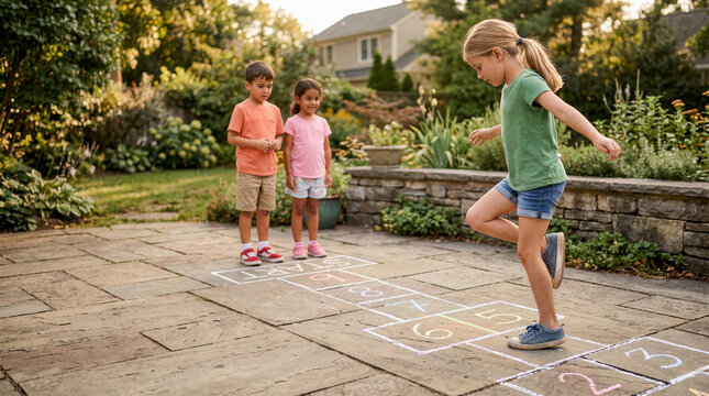 Children playing hopscotch together in a landscaped residential garden