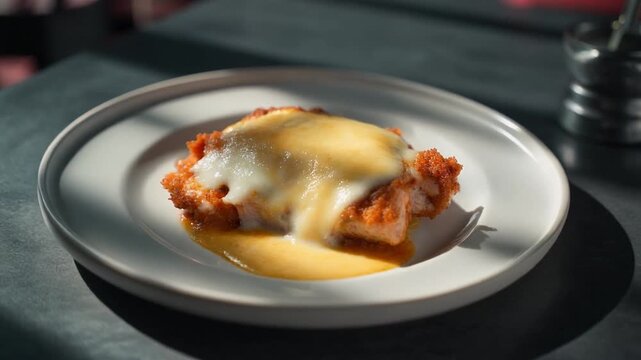Chicken parmigiana modern restaurant plating, crispy chicken with melted cheese resting still on a white ceramic plate