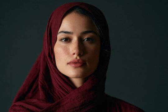 a young Muslim woman wearing an deep burgundy hijab, looking directly into the camera with a calm serious expression