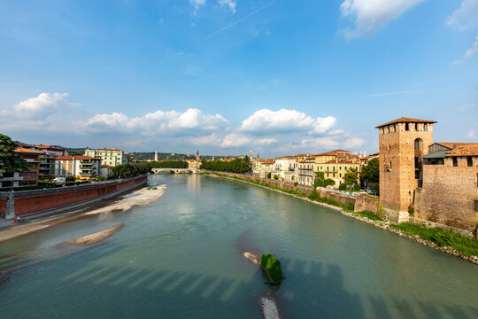 skyline of Verona, Adige River and fortified  historic Castelvecchio Bridge, also known as the Scaliger Bridge or Ponte Scaligero, Verona,