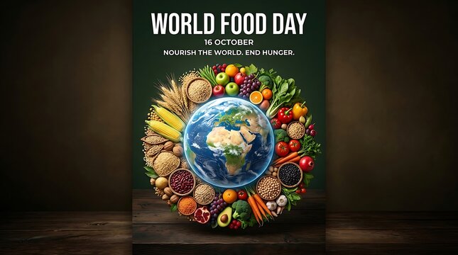 World Food Day campaign poster featuring a globe surrounded by fresh produce