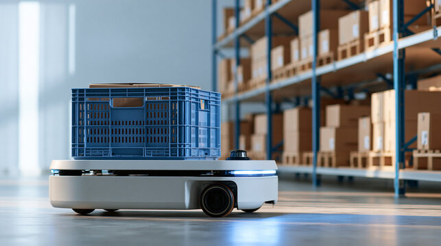 Autonomous transport robot moving a loaded reusable tote between warehouse storage and a packing area sturdy low platform and visible navigation sensor clean steel shelves with neatly