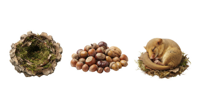 Sleeping golden dormouse curled in a nest beside mixed nuts and a moss lined hollow log isolated on transparent background