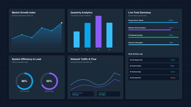 Professional 4K motion design dashboard featuring multiple synchronized financial charts, animated line graphs, progress bars, and minimal UI widgets in a seamless 6-second loop.