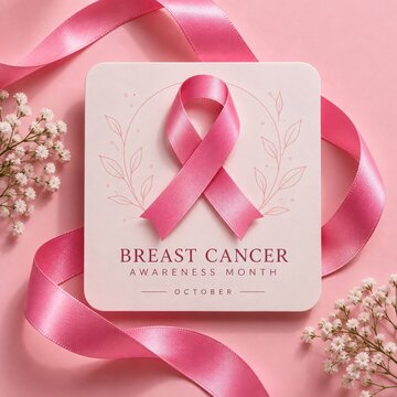 Pink ribbon symbolizing Breast Cancer Awareness Month during October with delicate floral elements and soft lighting