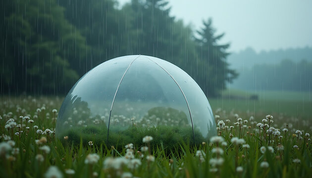 Dome protects small green grass patch and tiny flowers from heavy rain.
