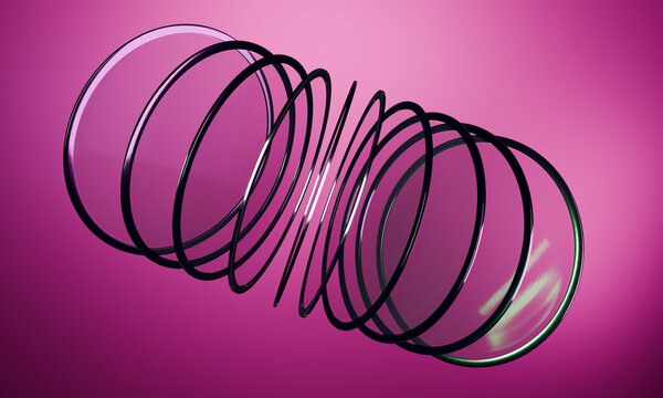 Transparent 3D rings coiled across a pink gradient