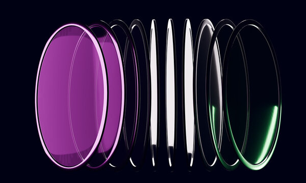 Row of 3D glass hoops shifting from violet to green