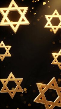 Golden Star of David symbols against a black background with, creating a vibrant visual effect for religious or cultural themes Jewish with space for text