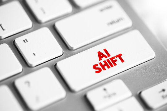 AI SHIFT text on keyboard key, represents artificial intelligence transformation, tech industry evolution, paradigm change, automated progress, digital transition, futuristic advancement, move.