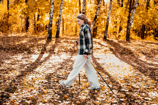 Adult woman in autumn woodland with trekking poles hiking outdoor. Fall nature walking for physical and mental health. Finding peaceful relaxation and enjoying solitude outside city.