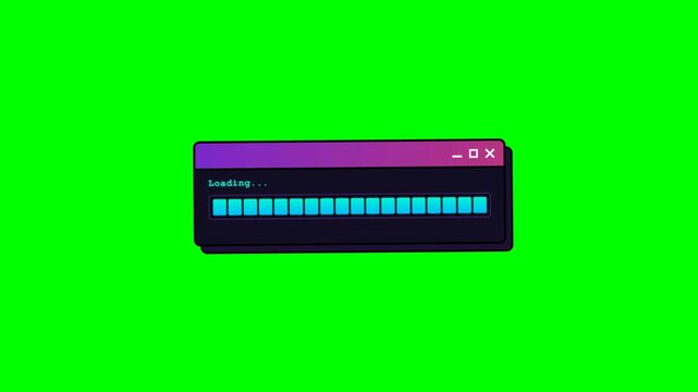 Retro desktop OS dialog window with perfectly looping segmented loading bar, cyclical dots, continuous sweeping shine, and natural floating bobbing on green screen.