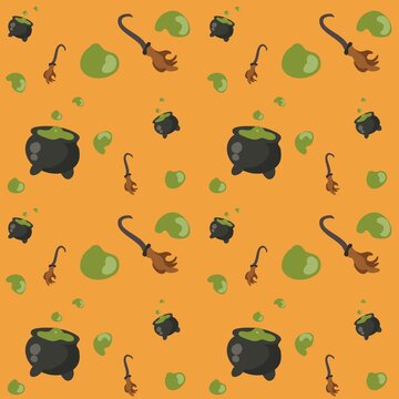 Halloween witch cauldron and broomstick seamless pattern background on orange vector illustration