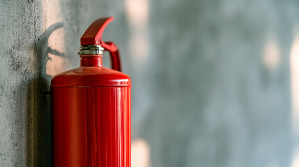Obraz premium Red fire extinguisher on a concrete wall, fire safety equipment