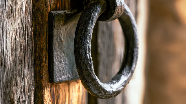 Forged iron ring handle on wooden door, traditional door hardware