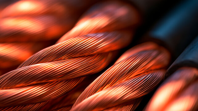 Close up of copper wires in a cable, representing electrical conductivity and industrial energy infrastructure 