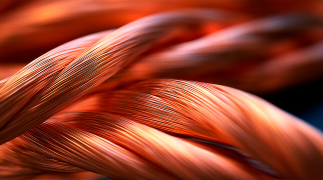 Close up of copper wires in a cable, representing electrical conductivity and industrial energy infrastructure 
