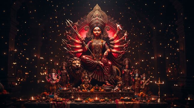 Ornate multi-armed Durga idol decorated with traditional jewelry and glowing lights in a temple