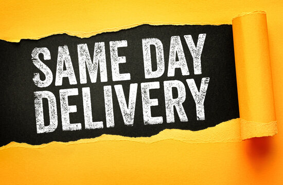 Same Day Delivery text highlighted on torn background. Express shipping message with bold design, great for courier promotions, retail ads, and customer service notifications