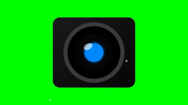 Playful 2D smartphone camera icon featuring a lively lens that blinks and watches tiny floating particles, then gently returns to center, clean minimalist vector animation.