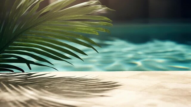 Tropical Palm Leaf and Swimming Pool in Sun-Drenched Resort