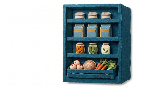 Food bank shelves stocked with groceries and fresh produce  