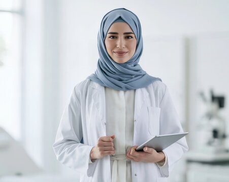 professional portrait of a female doctor wearing a neatly styled light blue hijab and white medical coat standing in a bright clinic
