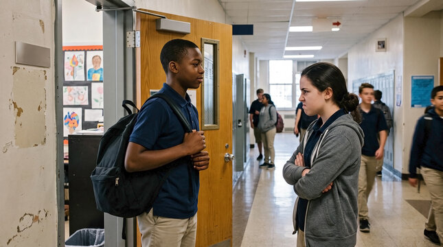 Schoolboy standing up confidently to a classmate attempting to intimidate him in a high school hallway for anti-bullying campaigns, student empowerment, and conflict resolution education