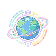 Obraz premium A whimsical digital illustration of planet Earth surrounded by glowing neon rainbow orbits, stars, and green leaves. This creative design emphasizes global connection, environmental sustainability