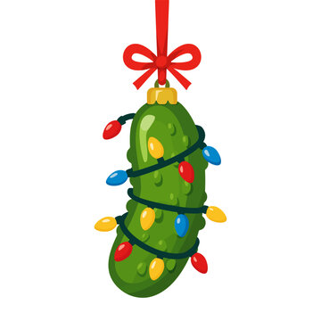 Christmas dill pickle ornament wrapped in string lights or playful green gherkin character in tangled fairy decoration. Quirky Weihnachtsgurke or cute festive holiday novelty for seasonal celebration