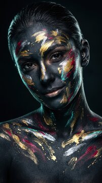 Woman posing with artistic black paint and vibrant gold accents