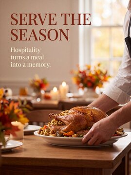 Thanksgiving Roasted turkey served on a dinner platter at a table with autumn decorations with vegetables wooden table
