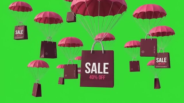 Shopping bags with discount offers falling via parachutes on a green screen background