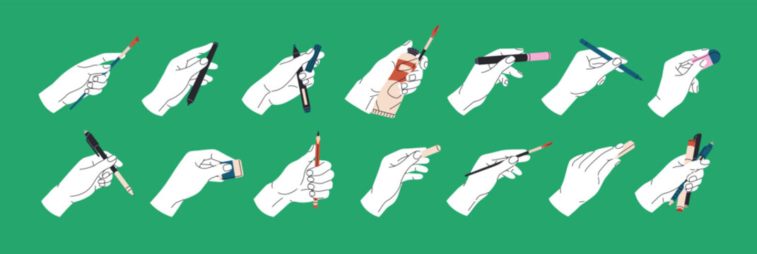 Set of outline hands with different stationery. Artists hold pens, pencils paint brushes and markers. Drawing tools in human palms. People write and take notes. Flat isolated vector illustrations