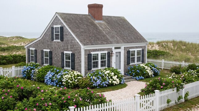 Classic Cape Cod Shingle Style Cottage House Exterior with Hydrangea Garden and Ocean View.