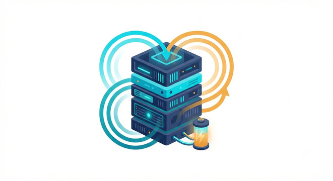 Cloud computing server tower and database storage network vector design