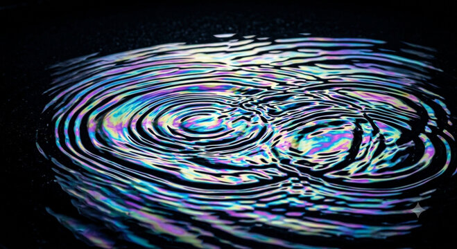 Iridescent water ripples create a circular pattern against a dark background