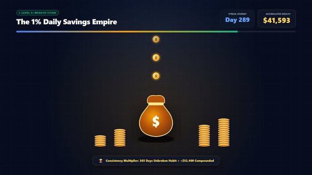 Modern financial dashboard with glowing golden money bag and coin stacks against dark background, concept for compound interest, daily wealth accumulation tracker and investment app interface