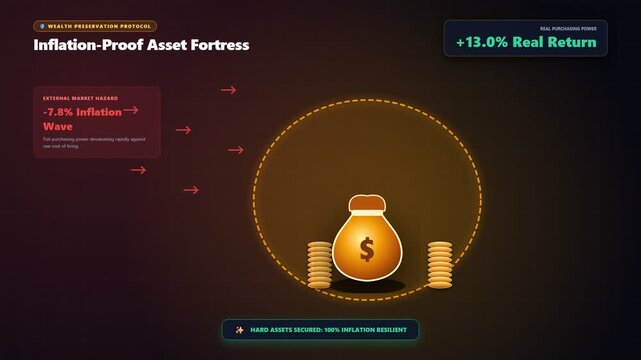 Digital infographic banner with golden money bag inside protective shield, concept for inflation proof asset fortress, wealth preservation and financial investment presentation