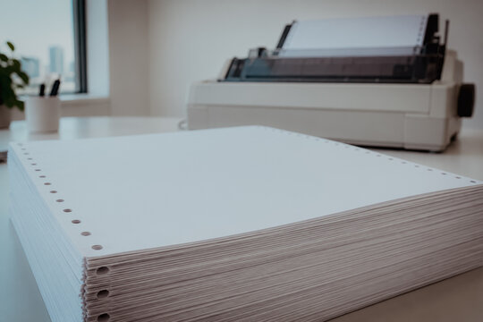 Stack of continuous stationery paper on office desk