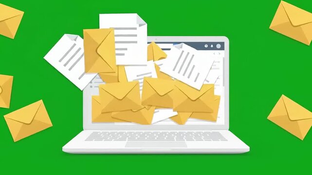Laptop receiving spam mail overload with green screen background
