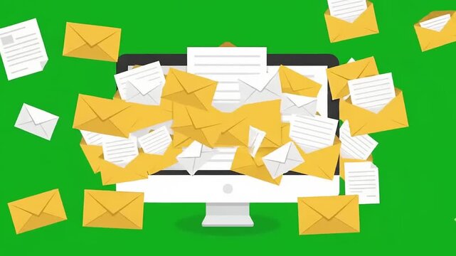 Computer displaying spam mail overload against a vibrant green screen backdrop