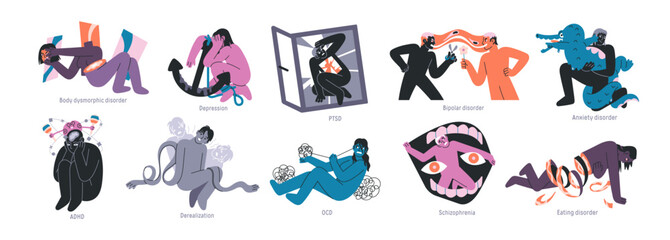 Obraz premium Psychological problems and mental health set. Concepts of depression, ADHD, PTSD, OCD, schizophrenia, stress, anxiety, eating and bipolar disorders. Flat isolated vector illustrations on white