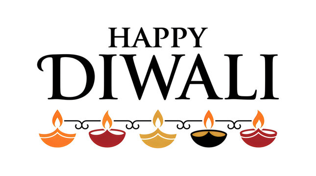 Happy diwali festive greeting with colorful traditional oil lamps on a white background