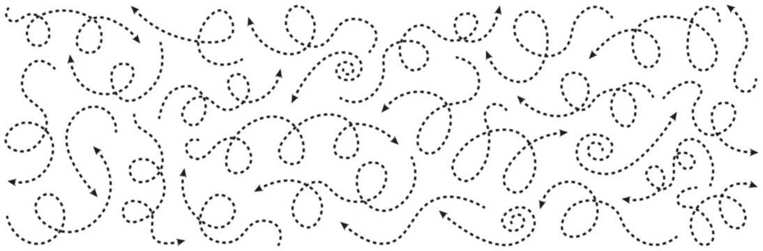  Squiggly dotted arrow, vector dashed curved line arow set. Rise and fall change plan, doodle shaped pointer arrow, vector dashed curved line arow set.