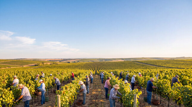 Seasonal farm workers harvest wine grapes by hand across vineyard rows. Grape picking jobs, agricultural recruitment and viticulture labor.