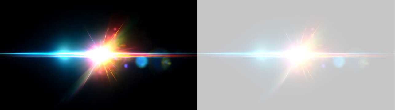 Anamorphic optical lens flare with bright starburst and horizontal beam. Colorful sci fi light effect overlay isolated on transparent background
