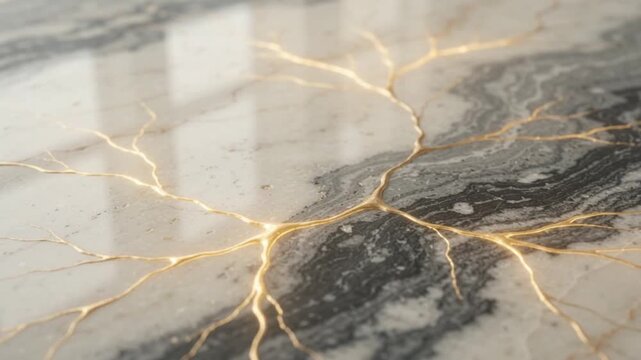 abstract kintsugi golden vein cracks spreading on marble surface motion background loop