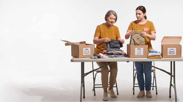 Older woman and young woman sorting donated clothes at a table  